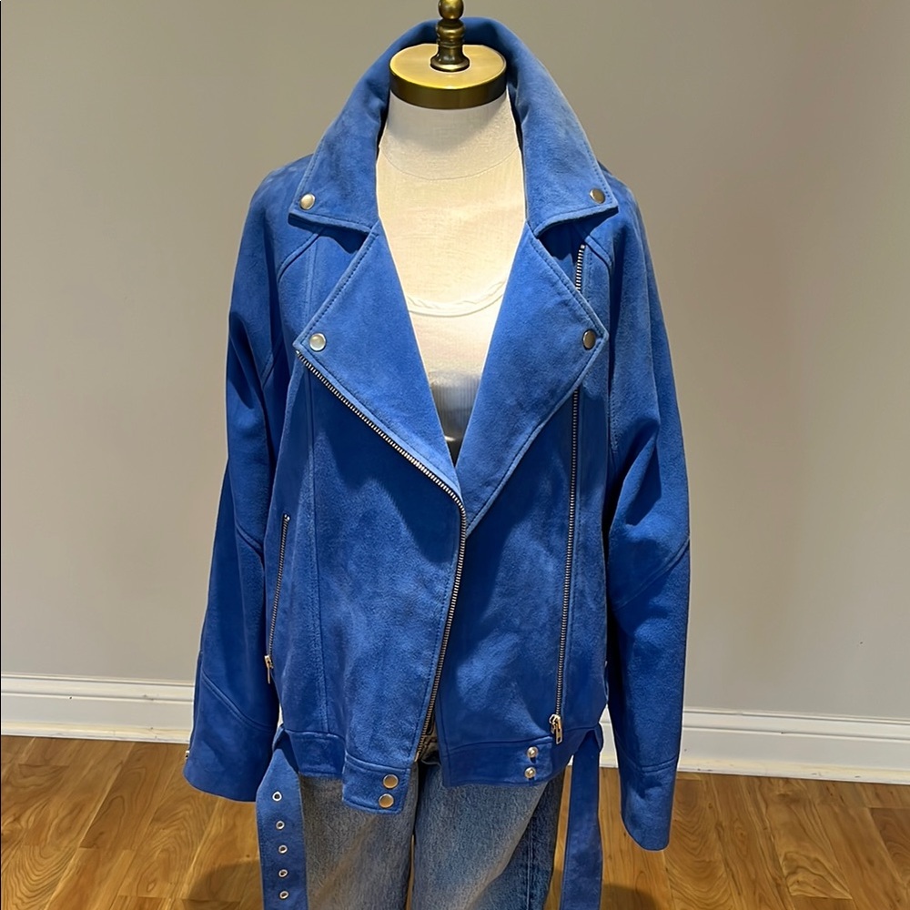 Free People bright blue suede slouchy motorcycle jacket size L